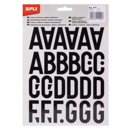 Apli Letras de Palo Mayusculas Adhesivas - Altura 40mm - Pack de 5 Hojas - Color Negro - Facil Identificacion y Señalizacion