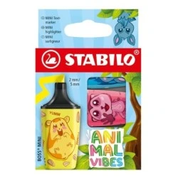 Stabilo Boss Mini Animal Vibes Pack of 3 Mini Highlighters - Line Width between 2 and 5mm - Water-Based Ink - Anti-Dry-Out