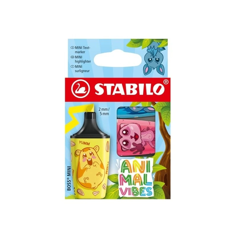 Stabilo Boss Mini Animal Vibes Pack de 3 Mini Marcadores Fluorescentes - Trazo entre 2 y 5mm - Tinta con Base de Agua