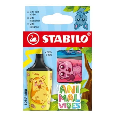 Stabilo Boss Mini Animal Vibes Pack of 3 Mini Highlighters - Line Width between 2 and 5mm - Water-Based Ink - Anti-Dry-Out