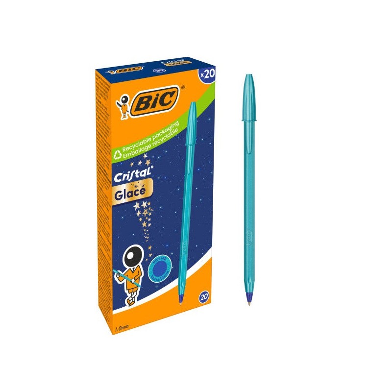 Bic Cristal Glace Stylo à Bille - Corps Opaque de Couleur Bleu Métallisé Mat - Pointe Ronde de 1mm - Trait 0.4mm - Encre à Base
