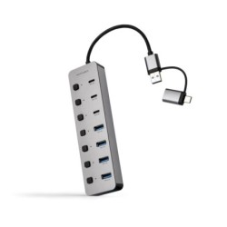 Nanocable Hub USBA/USB-C - 4x USB-A + 3x USB-C 3.0 + USB-C 5V - Interrupteurs individuels ON/OFF - Câble 18cm - Couleur Argent