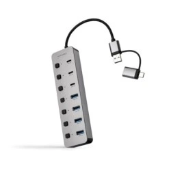 Nanocable Hub USBA/USB-C - 4x USB-A + 3x USB-C 3.0 + USB-C 5V - Interrupteurs individuels ON/OFF - Câble 18cm - Couleur Argent