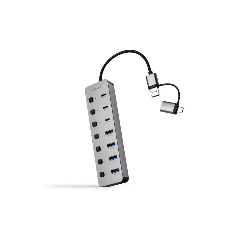 Nanocable Hub USBA/USB-C - 4x USB-A + 3x USB-C 3.0 + USB-C 5V - Interrupteurs individuels ON/OFF - Câble 18cm - Couleur Argent