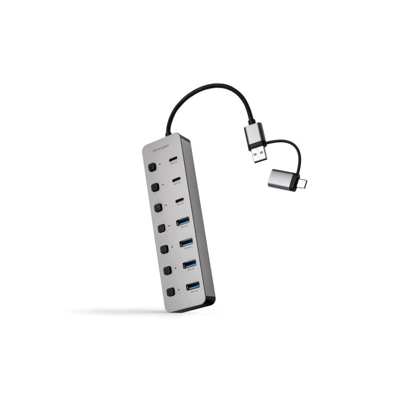 Nanocable Hub USBA/USB-C - 4x USB-A + 3x USB-C 3.0 + USB-C 5V - Interruptores Individuais ON/OFF - Cabo 18cm - Cor Prata