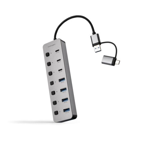 Nanocable Hub USBA/USB-C - 4x USB-A + 3x USB-C 3.0 + USB-C 5V - Interruptores Individuais ON/OFF - Cabo 18cm - Cor Prata