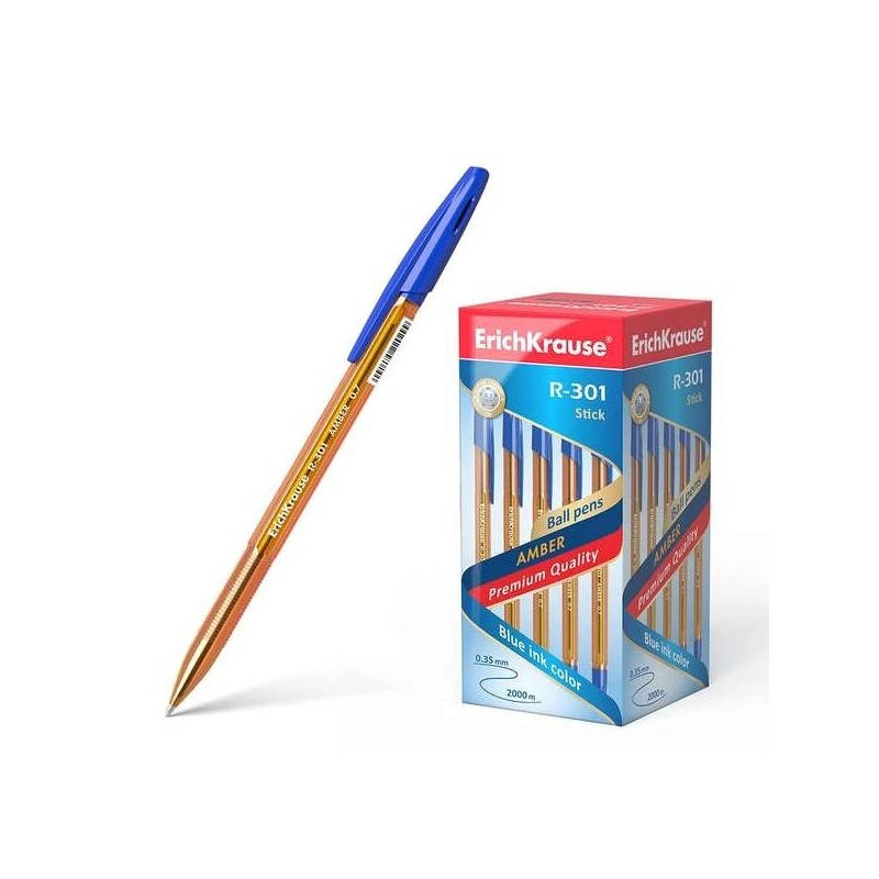 Erichkrause R-301 Amber Stick 0.7 Ballpoint Pen - Translucent Hexagonal Barrel - 0.7mm Point - Quick-Drying Ink - Blue