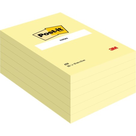 Post-It Pack de 6 Blocos de 100 Notas Adesivas Reposicionáveis - Forma Retangular - 101x152mm - Cor Amarelo Claro