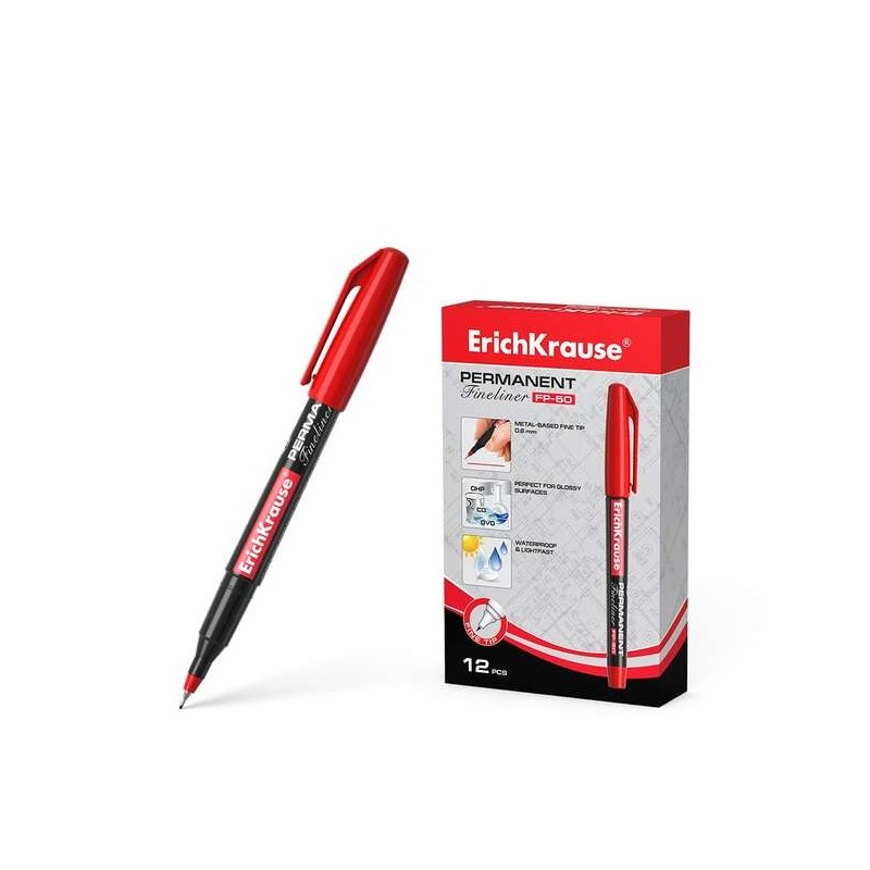 Erichkrause Marqueur Permanent Fp-50 - Pointe Fine de 0.6mm - Résistant à la Lumière et à l'Eau - Couleur Rouge