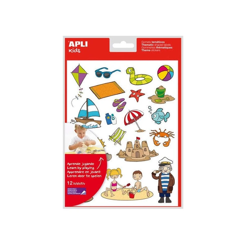 Apli Gommettes Thématiques la Plage - 264 Gommettes sur 12 Feuilles - Illustrations d'Animaux et d'Objets de la Plage - Adhésif