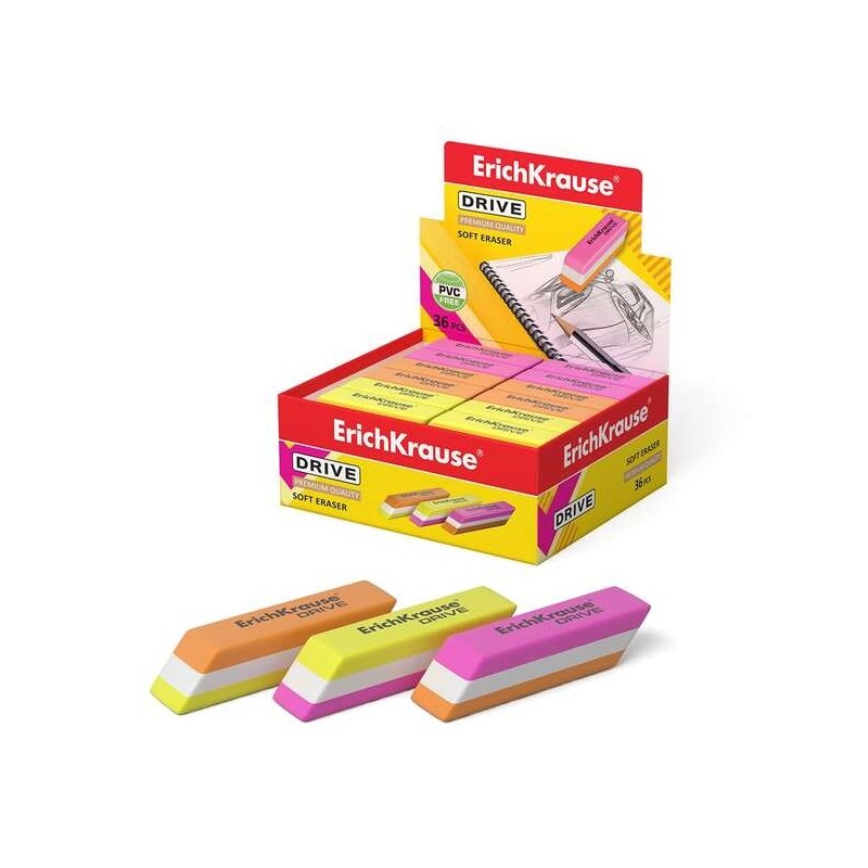 Erichkrause Drive Goma de Borrar Suave de Forma Clasica - Fabricado de Caucho Termoplastico Hipoalergenico - Diseño en Color de