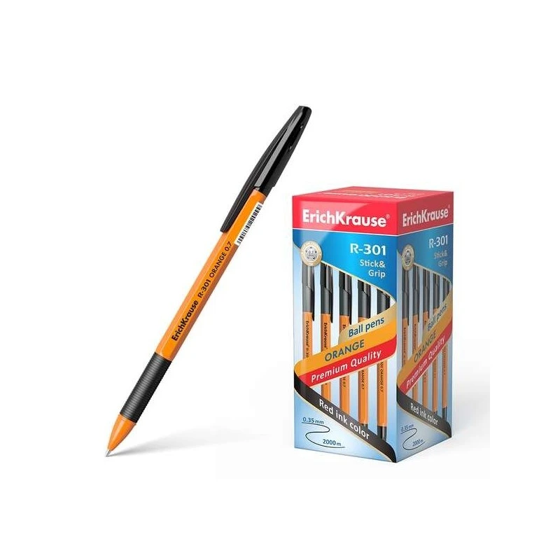 Erichkrause Stylo à Bille R-301 Stick&Grip 0.7 - Corps Orange avec Zone de Préhension en Caoutchouc - Encre à Séchage Rapide