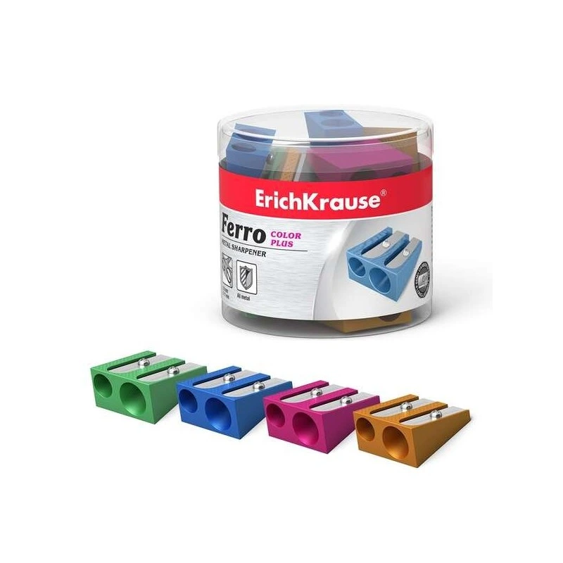 Erichkrause Ferro Color Plus - Double Aluminium Pencil Sharpener - Ergonomic Grip - 8mm and 11mm Diameter - Assorted Colours
