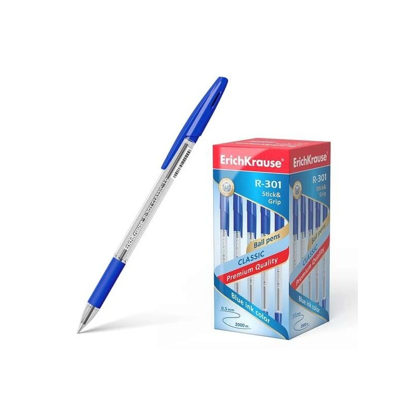 Erichkrause R-301 Stick&Grip Esferográfica de Esfera Ponta 1.0mm - Traço 0.5mm - Pega com Grip de Borracha - Tinta de Secagem