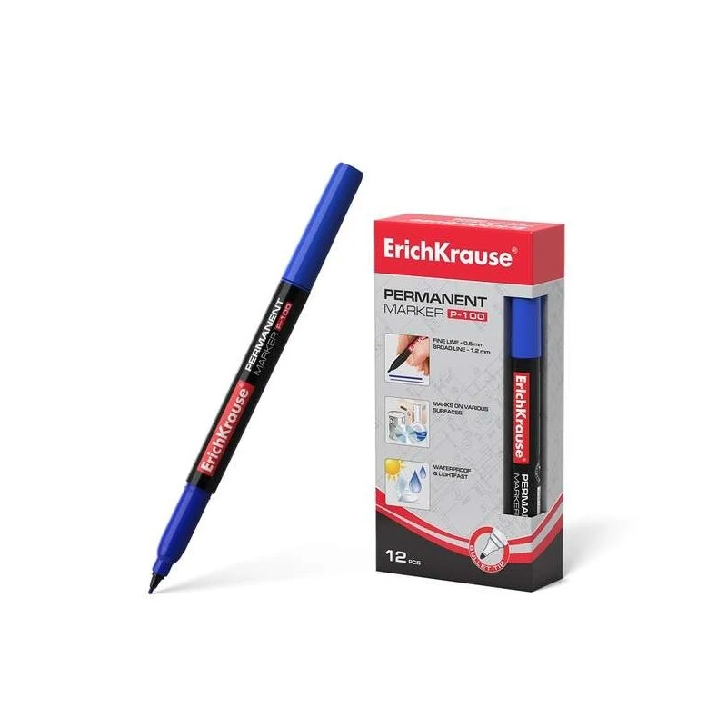 Erichkrause P-100 Marcador Permanente - Ponta Fina - Traço de 0,5 a 1,2mm - Resistente à Água e aos Raios UV - Cor Azul