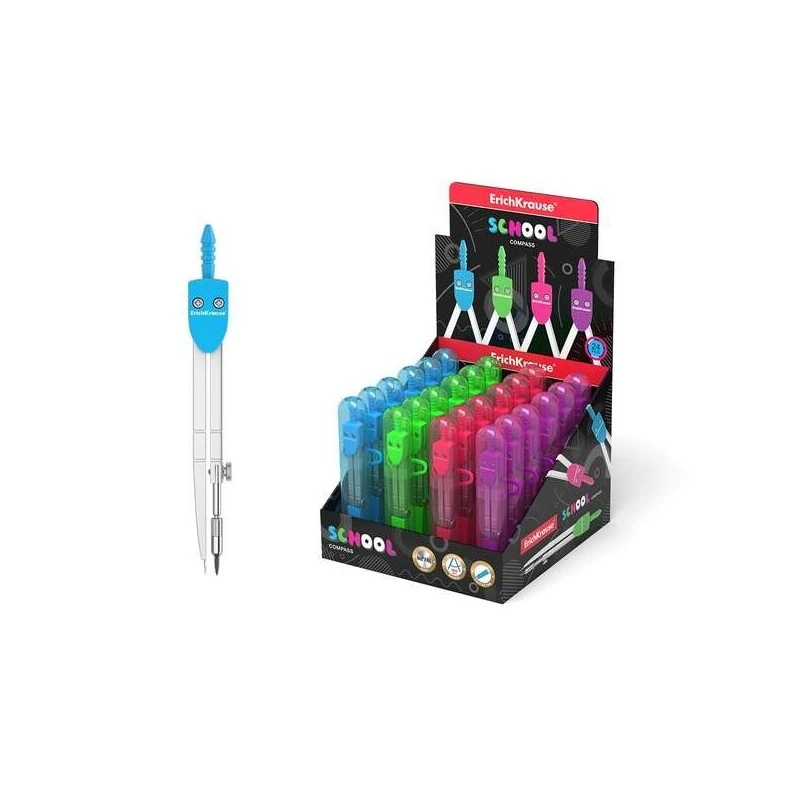 Erichkrause Compas Métallique School 120mm - Rayon Maximum 18 cm - Étui en Plastique avec Règle Incluse - Couleurs Néon - Boîte