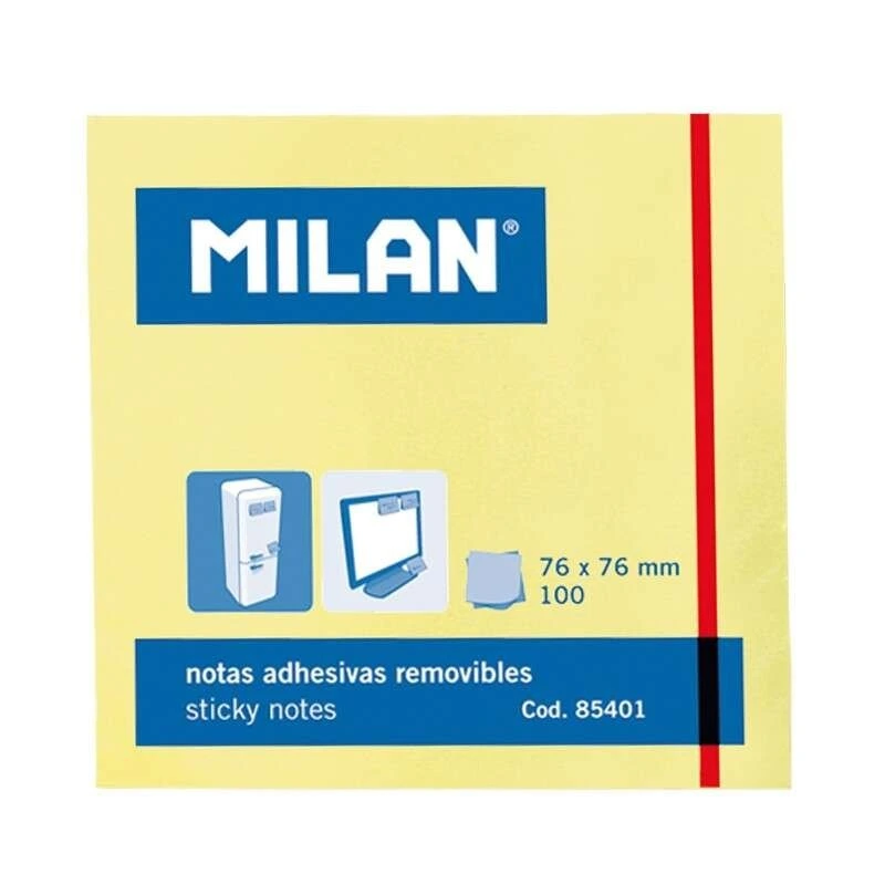 Milan Bloc de 100 Notes Adhésives - Repositionnables - 76mm x 76mm - Couleur Jaune Clair