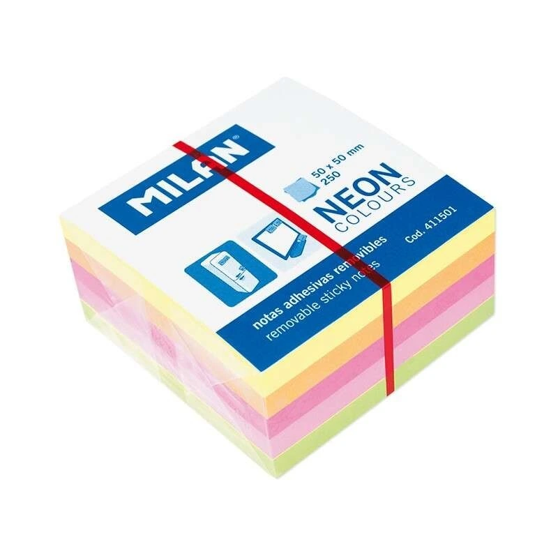 Milan Bloco de 250 Notas Adesivas Néon Mini - Removíveis - Medidas 50mm x 50mm - Cores Sortidas