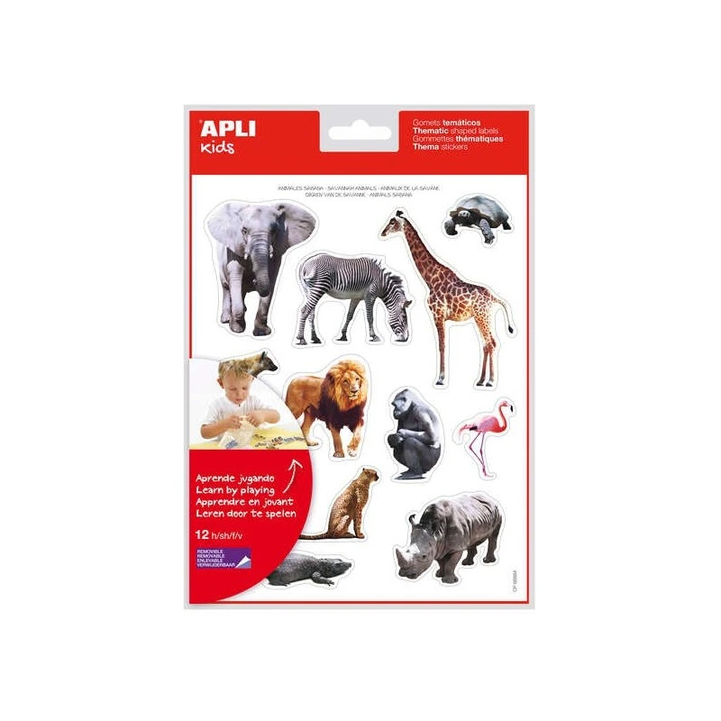 Apli Gommettes Thématiques Réalistes Animaux de la Savane - 144 Gommettes - Adhésif Repositionnable - Idéal pour Développer les
