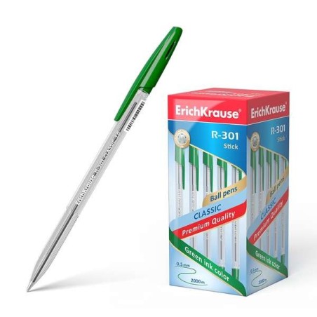 Erichkrause R-301 Boligrafo de Bola Punta 1.0mm - Trazo 0.5mm - Tinta de Secado Rapido - Cuerpo Transparente - Capuchon