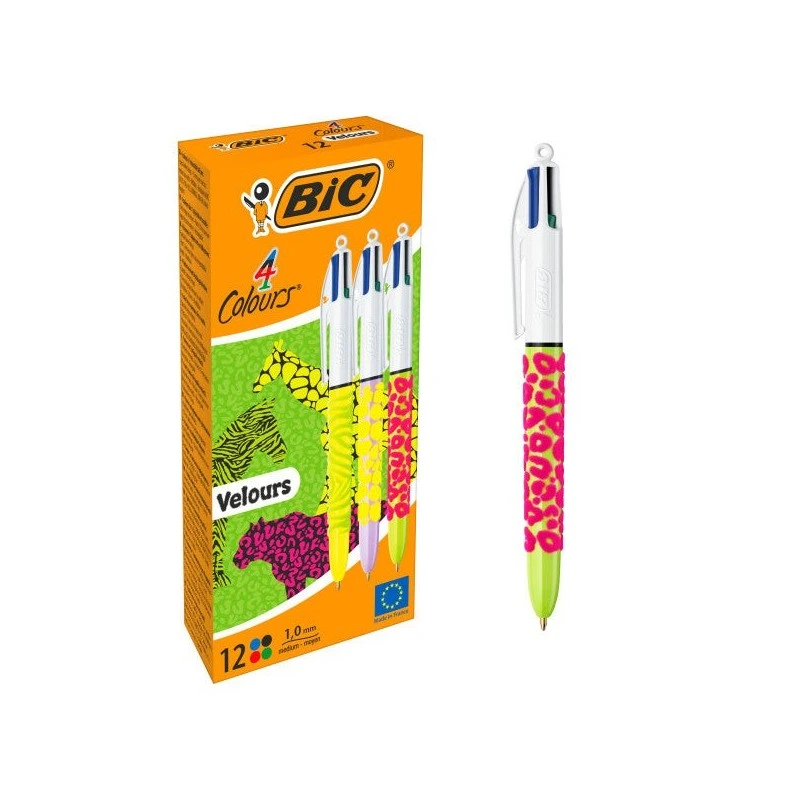 Bic 4 Colours Velours Boligrafo de Bola Retractil - Punta Media de 1.0mm - Tinta con Base de Aceite - Cuerpo con Relieve Suave