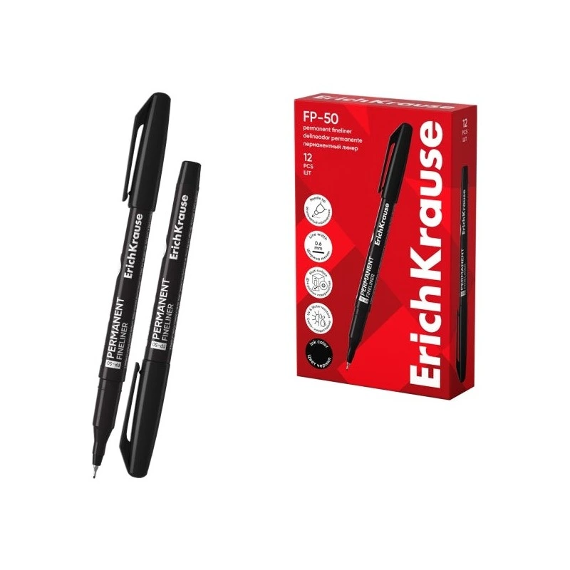 Erichkrause FP-50 Marqueur Permanent - Pointe Fine de 0.6mm - Résistant à la Lumière et à l'Eau - Couleur Noir