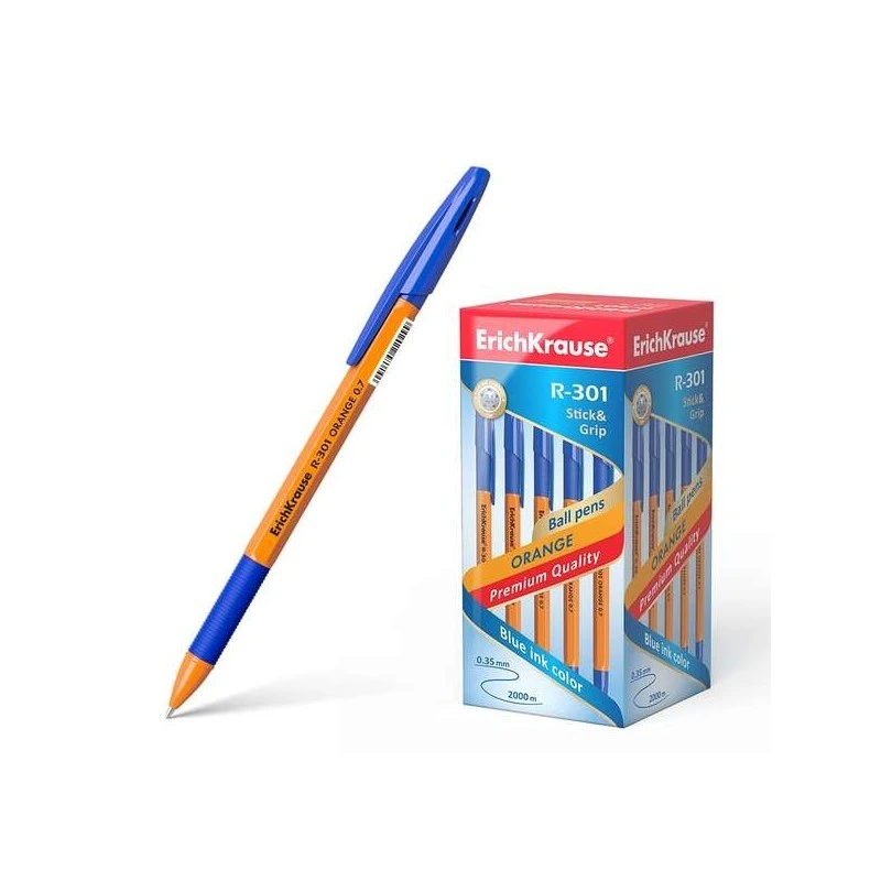 Erichkrause Boligrafo R-301 Stick&Grip - Cuerpo Hexagonal Naranja - Punta de 0.7mm - Tinta de Secado Rapido - Color Azul
