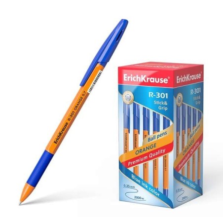 Erichkrause R-301 Stick&Grip Ballpoint Pen - Orange Hexagonal Barrel - 0.7mm Tip - Quick-Drying Ink - Blue Colour