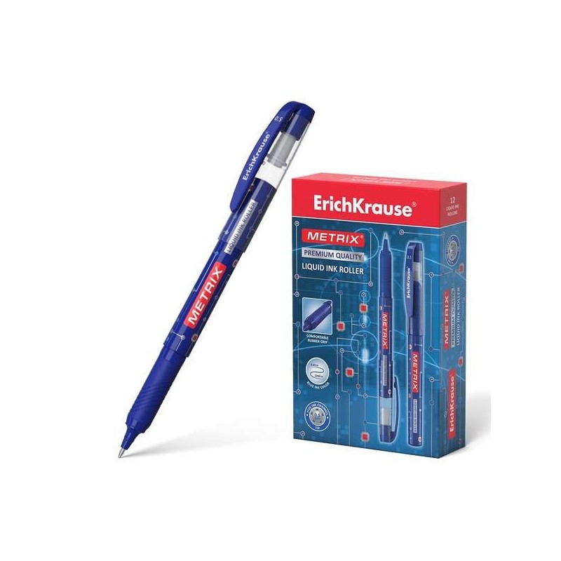 Erichkrause Metrix Boligrafo Tinta Gel - Punta 0.5mm - Agarre de Goma - Capuchon con Clip - Secado Rapido - Color Azul