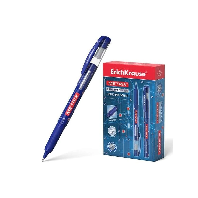 Erichkrause Metrix Boligrafo Tinta Gel - Punta 0.5mm - Agarre de Goma - Capuchon con Clip - Secado Rapido - Color Azul