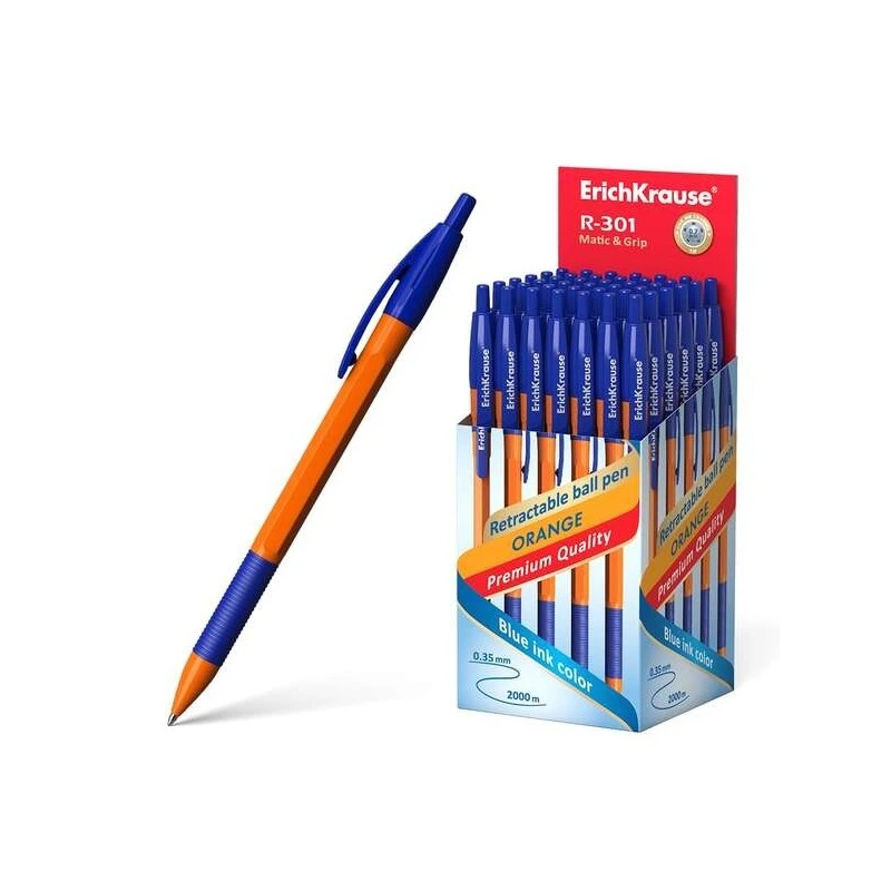 Erichkrause R-301 Laranja Matic&Grip Esferográfica Retrátil - Ponta de 0,7mm - Traço de 0,35mm - Grip de Borracha - Tinta de