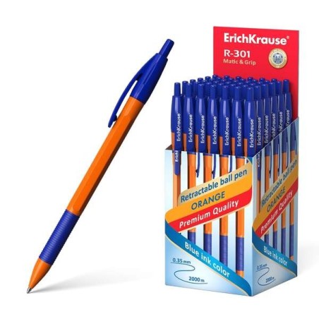 Erichkrause R-301 Orange Matic&Grip Stylo à Bille Rétractable - Pointe de 07mm - Trait de 0.35mm - Grip en Caoutchouc - Encre à
