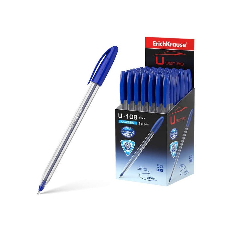 Erichkrause U-108 Classic Ballpoint Pen - 1.0mm Ball Tip - 0.3mm Line Width - Vented Cap - Ultra Glide Technology - Blue