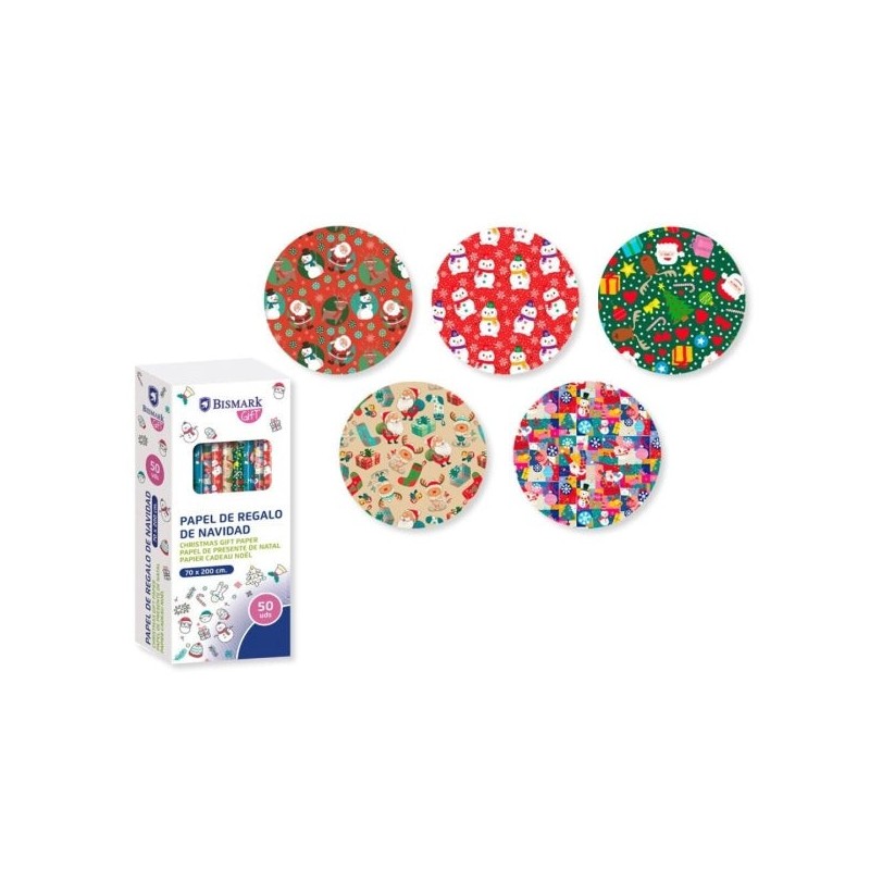 Bismark Noël Colors Rouleau de Papier Cadeau - Dimensions 70cmx200cm - 5 Motifs Différents