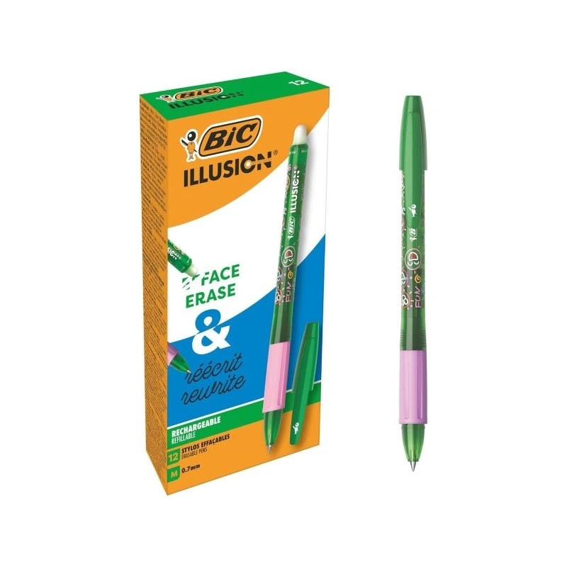 Bic Illusions Stylo à Bille Effaçable - Pointe Moyenne de 0.7mm - Grip en Caoutchouc - Rechargeable - Couleur Vert