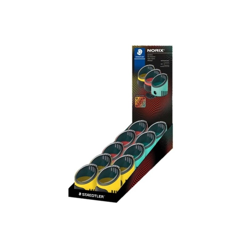 Staedtler Norix Expositor de 10 Sacapuntas con Deposito - 1 Agujero para Lapices de hasta Ø 8,2mm - Colores Surtidos
