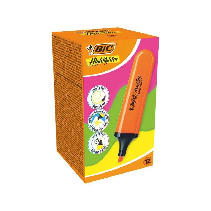 Bic Marking Highlighter Flat Fluorescent Highlighter - Chisel Tip - Line Width between 1.70 and 4.80 mm - Water-Based Ink