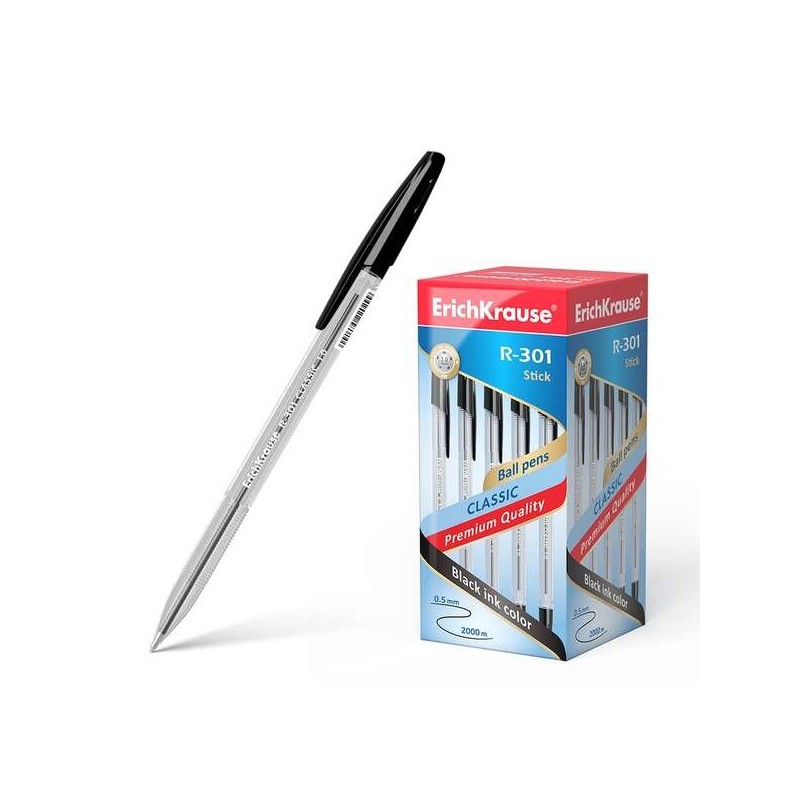 Erichkrause R-301 Boligrafo de Bola Punta 1.0mm - Trazo 0.5mm - Tinta de Secado Rapido - Cuerpo Transparente - Capuchon