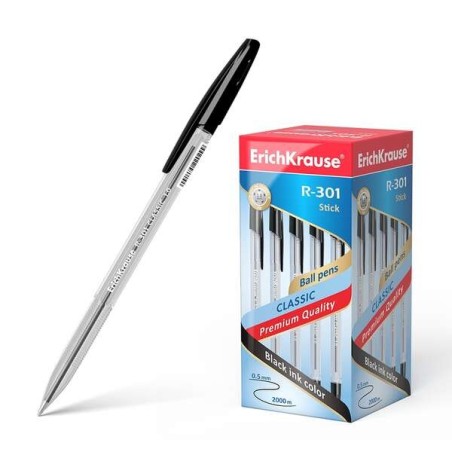Erichkrause R-301 Boligrafo de Bola Punta 1.0mm - Trazo 0.5mm - Tinta de Secado Rapido - Cuerpo Transparente - Capuchon