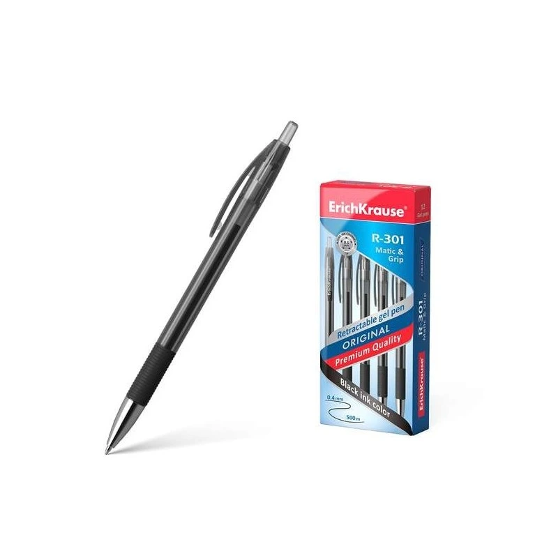 Erichkrause Stylo Gel Rétractable R-301 Original Gel Matic&Grip - Encre Gel à Séchage Rapide - Corps Transparent avec Grip en