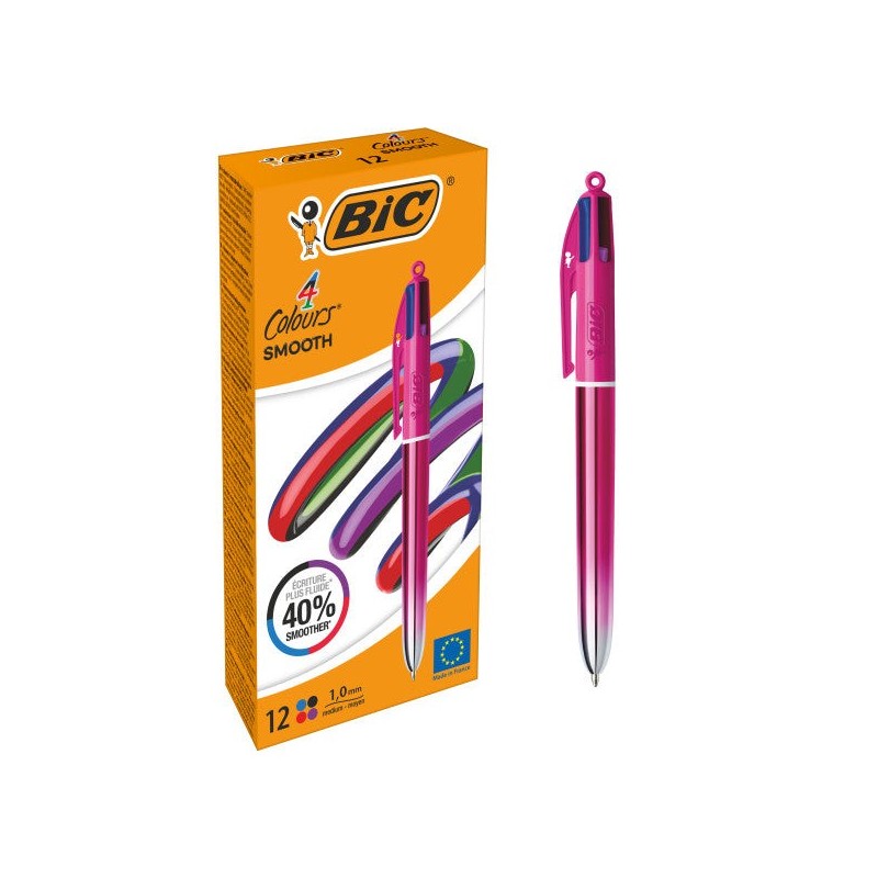 Bic 4 Colours Smooth Gradient Rosa Boligrafo de Bola Retractil - Punta Media de 1.0mm - Escritura un 40% mas Suave - 4 Colores