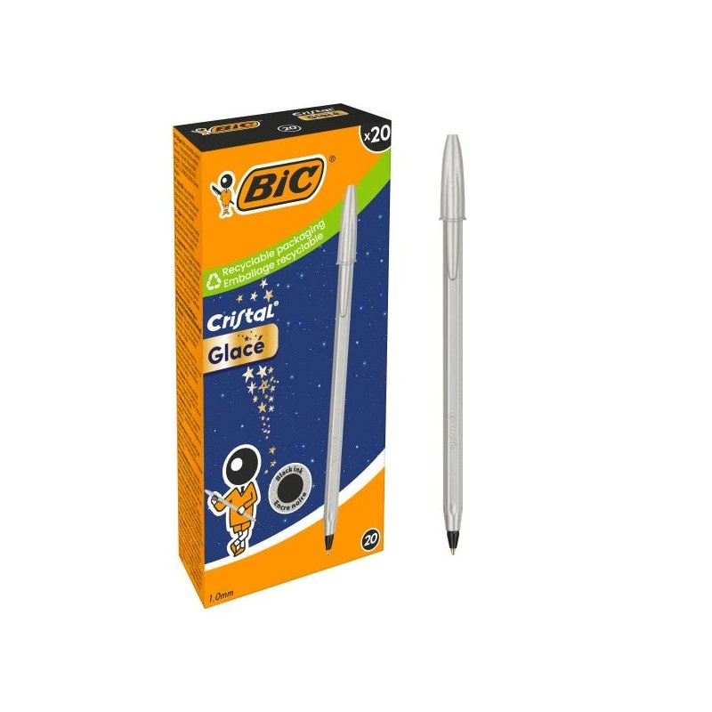 Bic Cristal Glace Esferográfica de Bola - Corpo Opaco em Cor Prata Mate - Ponta Redonda de 1mm - Traço 0,4mm - Tinta à Base de