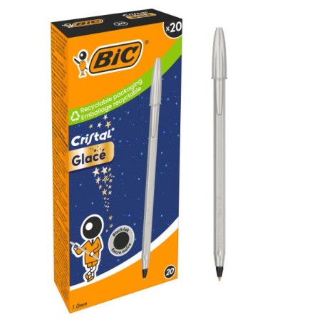 Bic Cristal Glace Esferográfica de Bola - Corpo Opaco em Cor Prata Mate - Ponta Redonda de 1mm - Traço 0,4mm - Tinta à Base de
