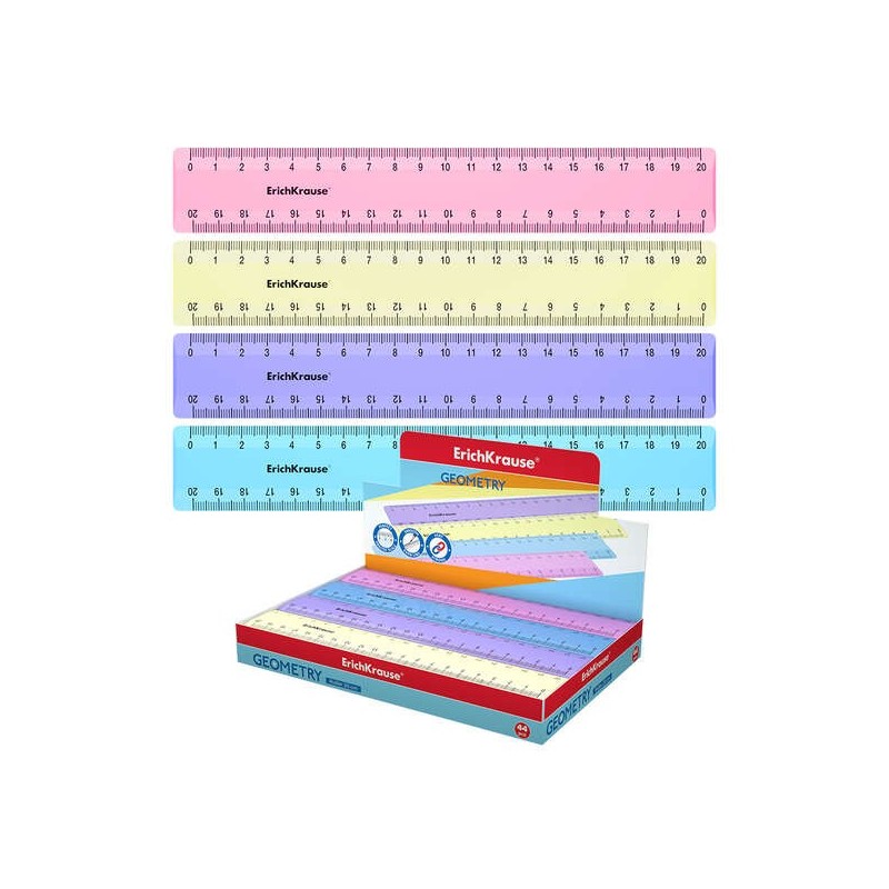 Erichkrause Regla de Plastico 20cm - Escala a Doble Cara - Colores Rosa, Azul, Violeta y Amarillo Pastel