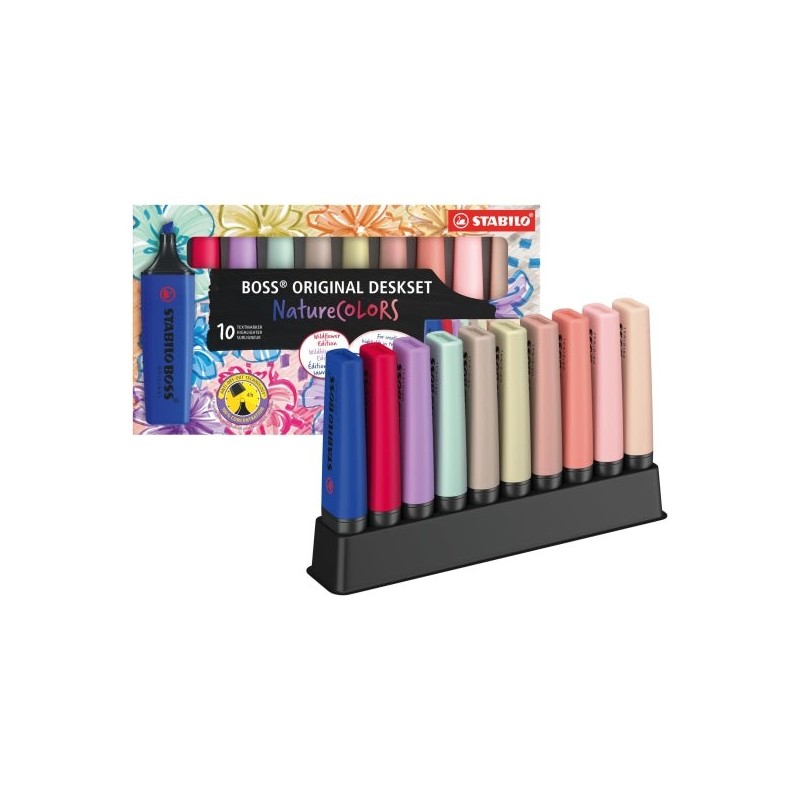 Stabilo Boss Naturecolors Pack de 10 Surligneurs avec Socle de Bureau - Inclut les 4 Nouveaux Coloris Wildflower - Trait entre