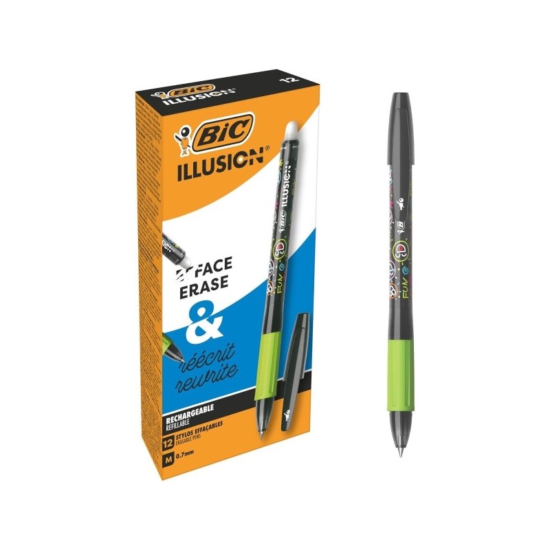 Bic Illusions Stylo à Bille Effaçable - Pointe Moyenne de 0.7mm - Grip en Caoutchouc - Rechargeable - Couleur Noir