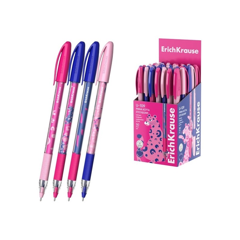 ErichKrause U-109 Stick and Grip Pinna Kotta Stylo à Bille avec Capuchon - Modèles Assortis - Trait 0.3mm - Zone de Préhension