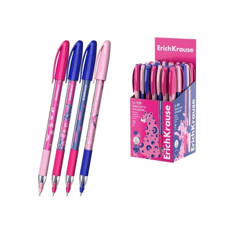 ErichKrause U-109 Stick and Grip Pinna Kotta Stylo à Bille avec Capuchon - Modèles Assortis - Trait 0.3mm - Zone de Préhension