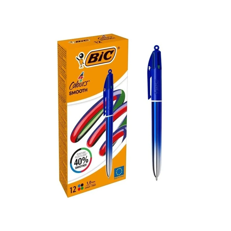 Bic 4 Colours Smooth Gradient Azul Boligrafo de Bola Retractil - Punta Media de 1.0mm - Escritura un 40% mas Suave - 4 Colores