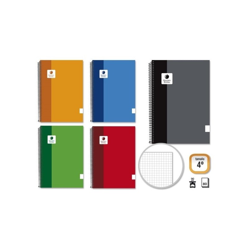 Golden Extra Caderno Espiral 4º 80 Folhas 90grs Quadriculado - Margem Marcada - Capa Forrada - Cores Sortidas